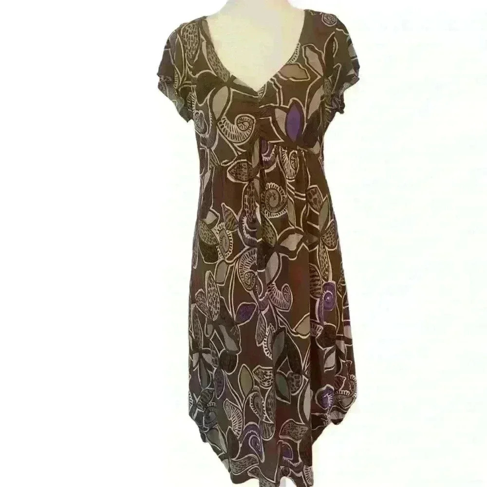 Boden Grace Flutter Sleeve Dress Size 8 Brown Floral Pullover Casual Travel